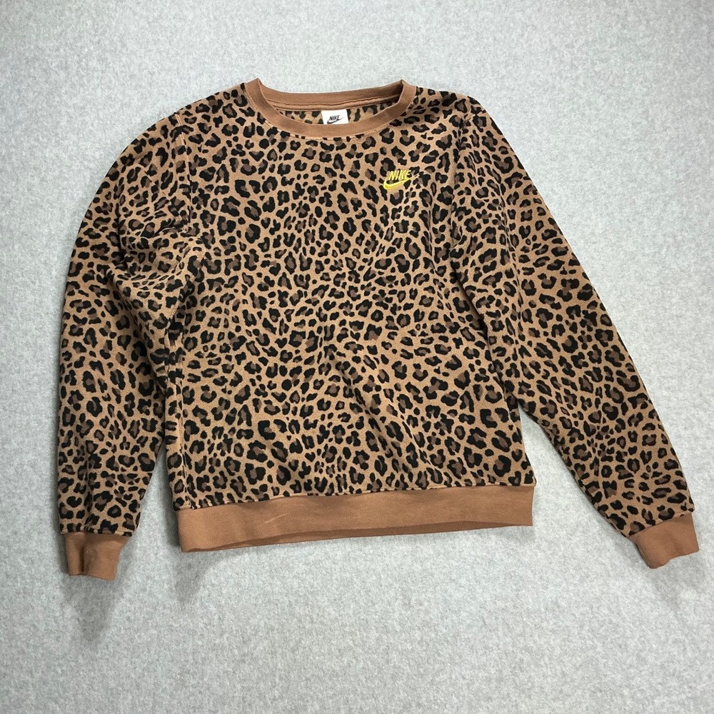 Nike Sportswear Leopard Print Fleece Crewneck Sweatshirt Brown Black XS